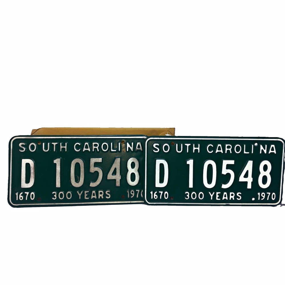 South Carolina License Plate Pair D 10548 300 Years 1670-1970 w/ Envelope